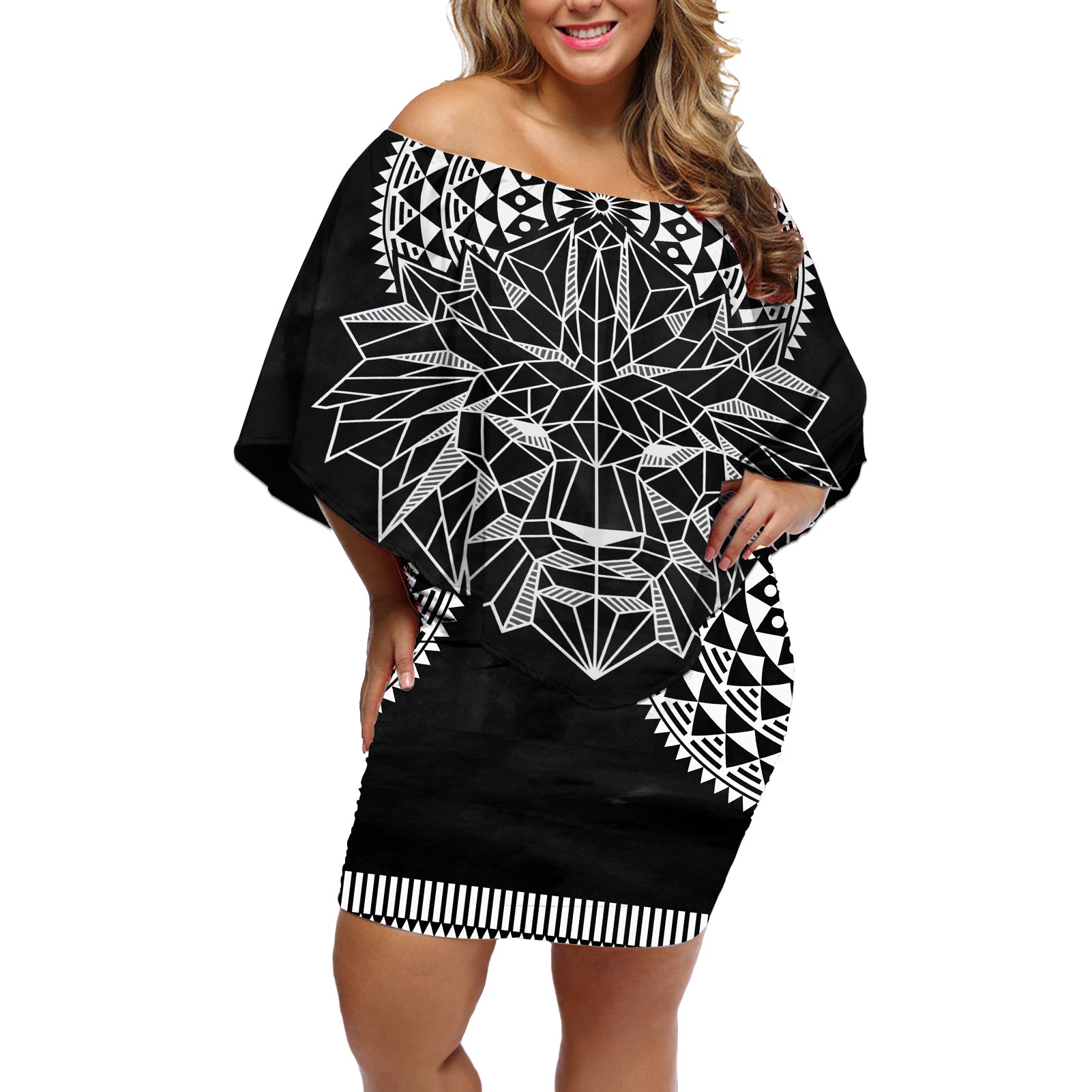 Geometric Head Lion Off Shoulder Short Dress - Wonder Print Shop