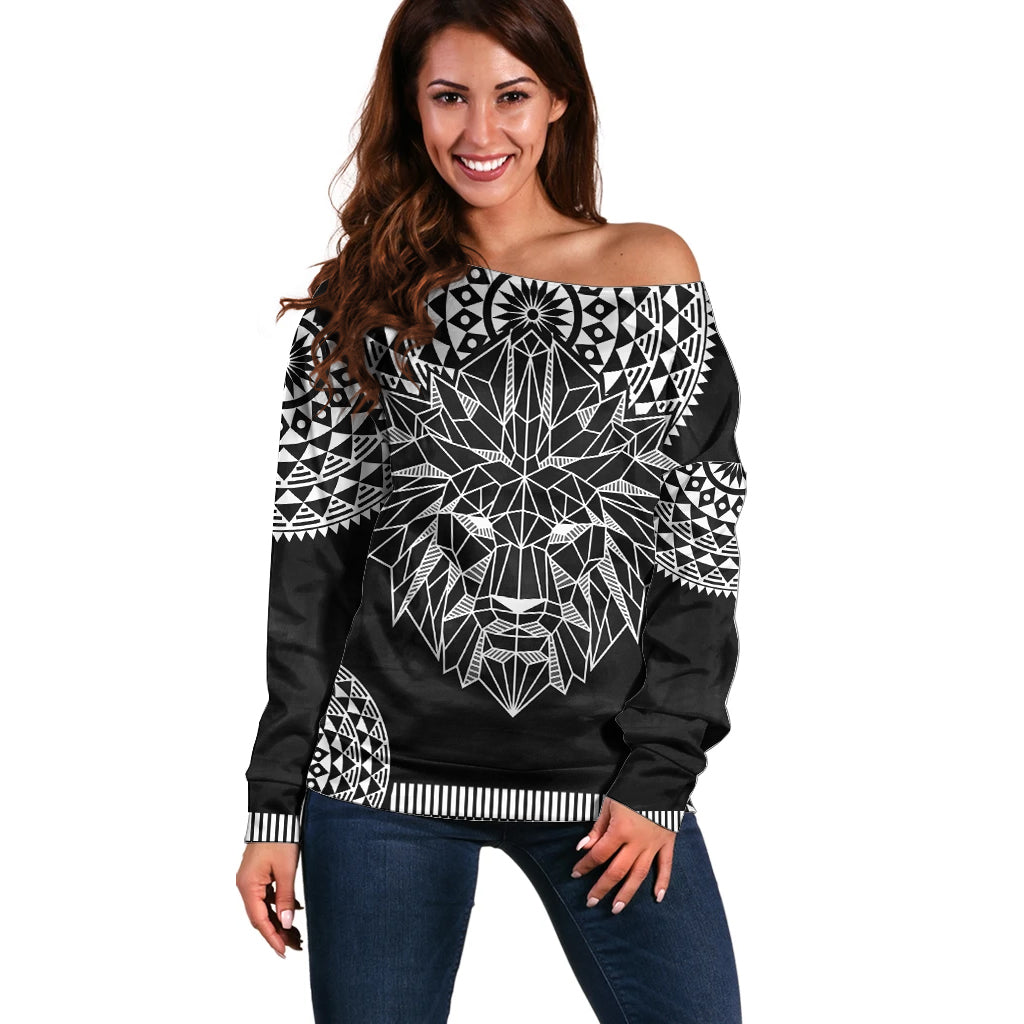 Geometric Head Lion Off Shoulder Sweater - Wonder Print Shop