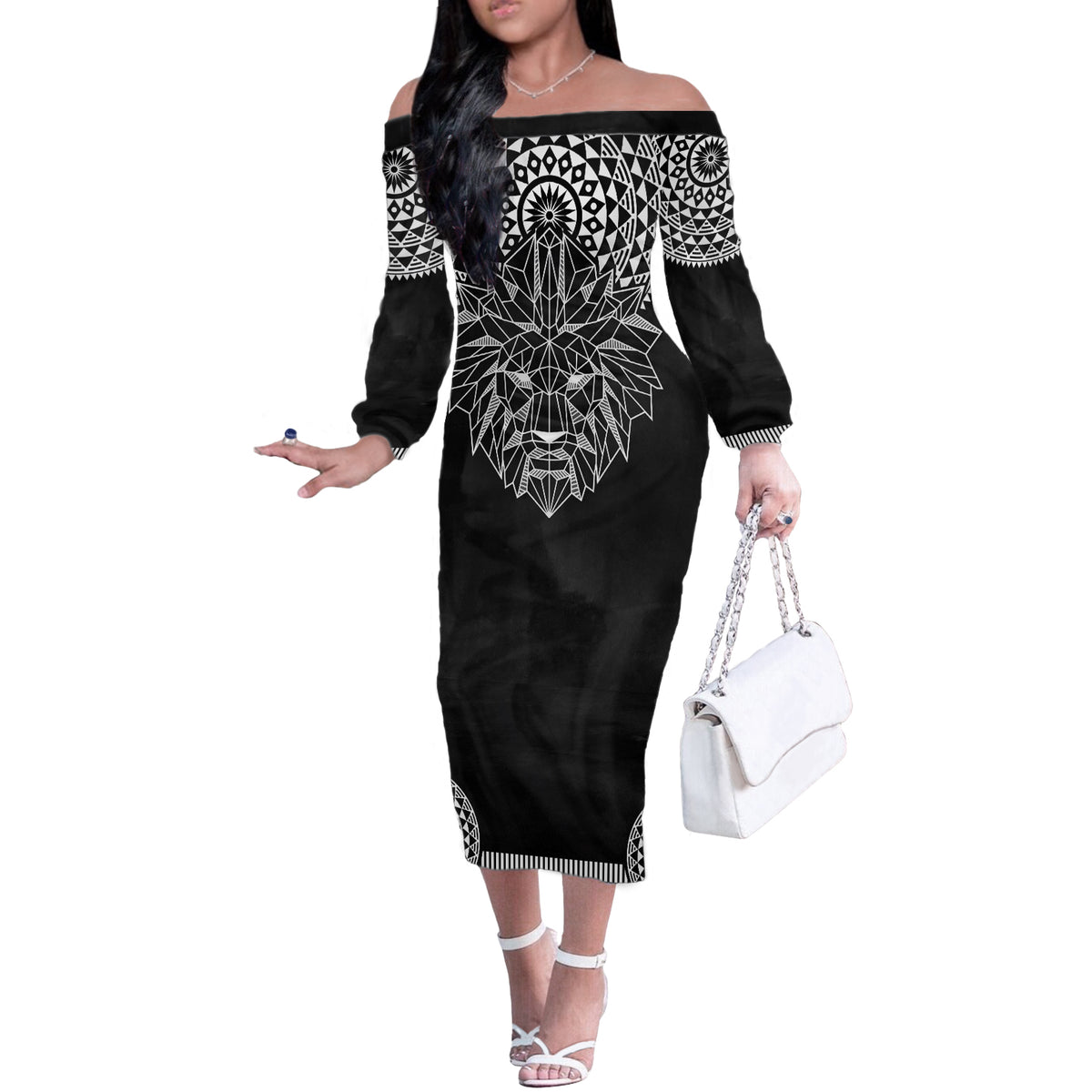 Geometric Head Lion Off The Shoulder Long Sleeve Dress - Wonder Print Shop