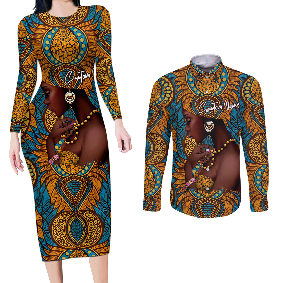 Personalized Black Girl Flora Couples Matching Long Sleeve Bodycon Dress and Long Sleeve Button Shirt African Women - Wonder Print Shop