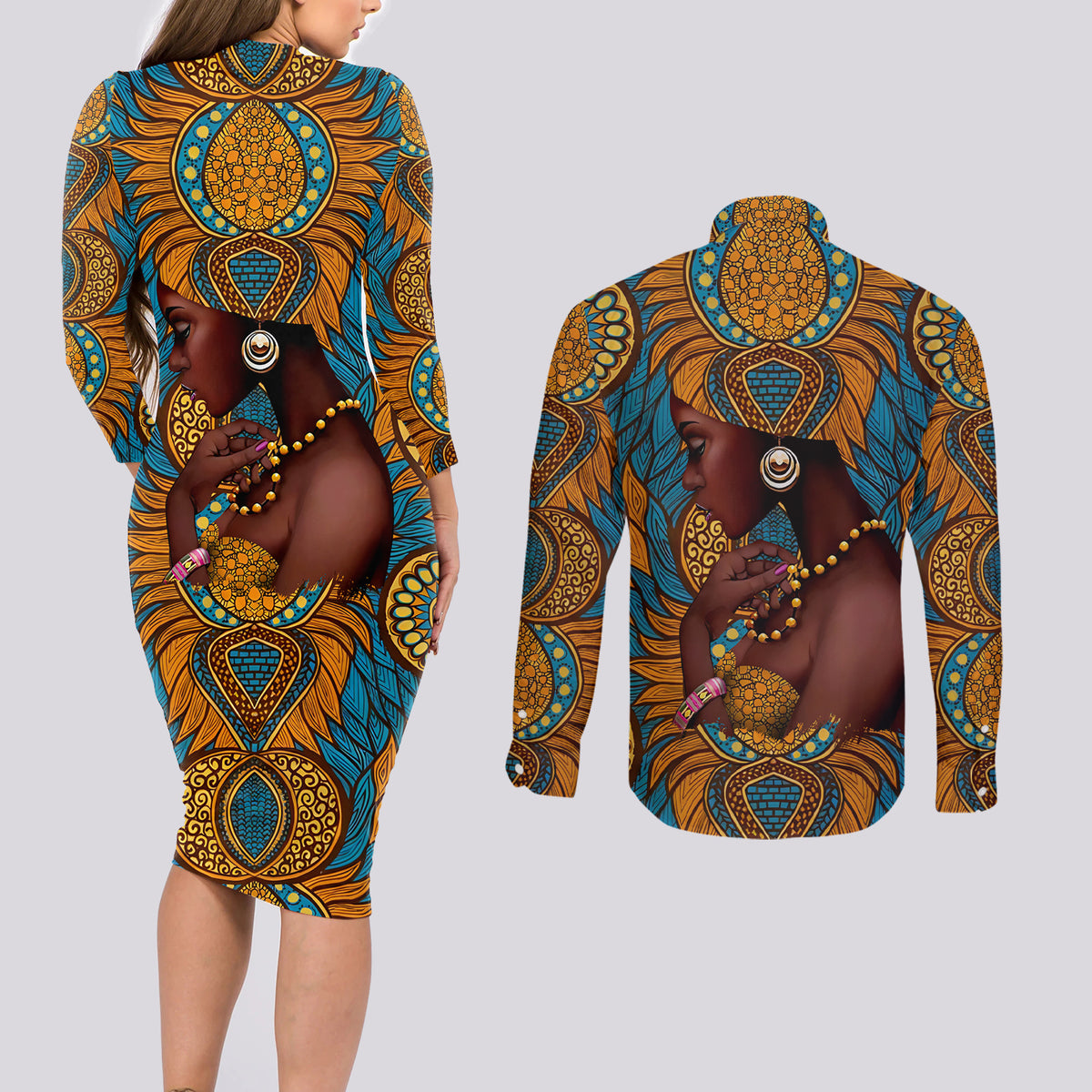 Personalized Black Girl Flora Couples Matching Long Sleeve Bodycon Dress and Long Sleeve Button Shirt African Women - Wonder Print Shop