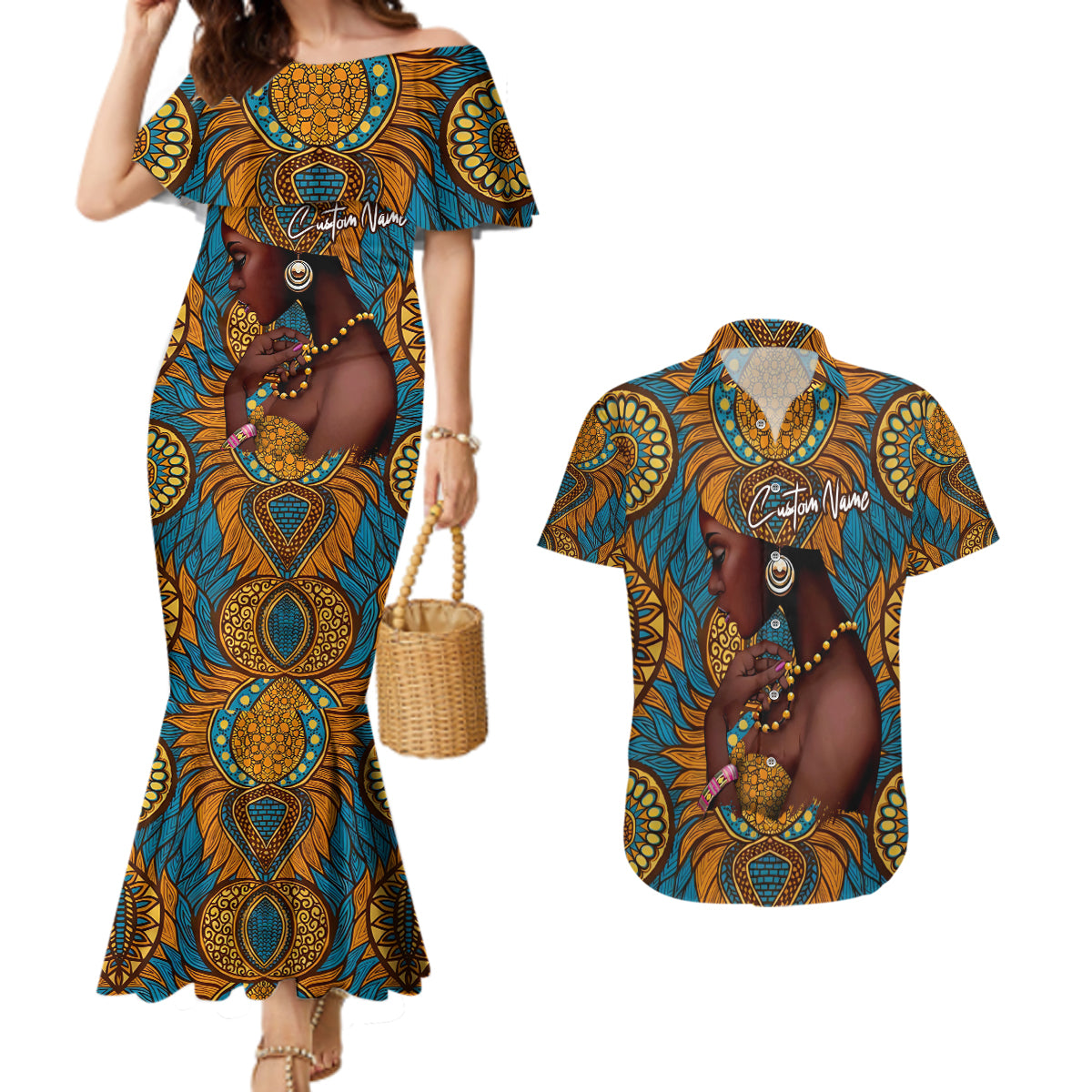 Personalized Black Girl Flora Couples Matching Mermaid Dress and Hawaiian Shirt African Women - Wonder Print Shop