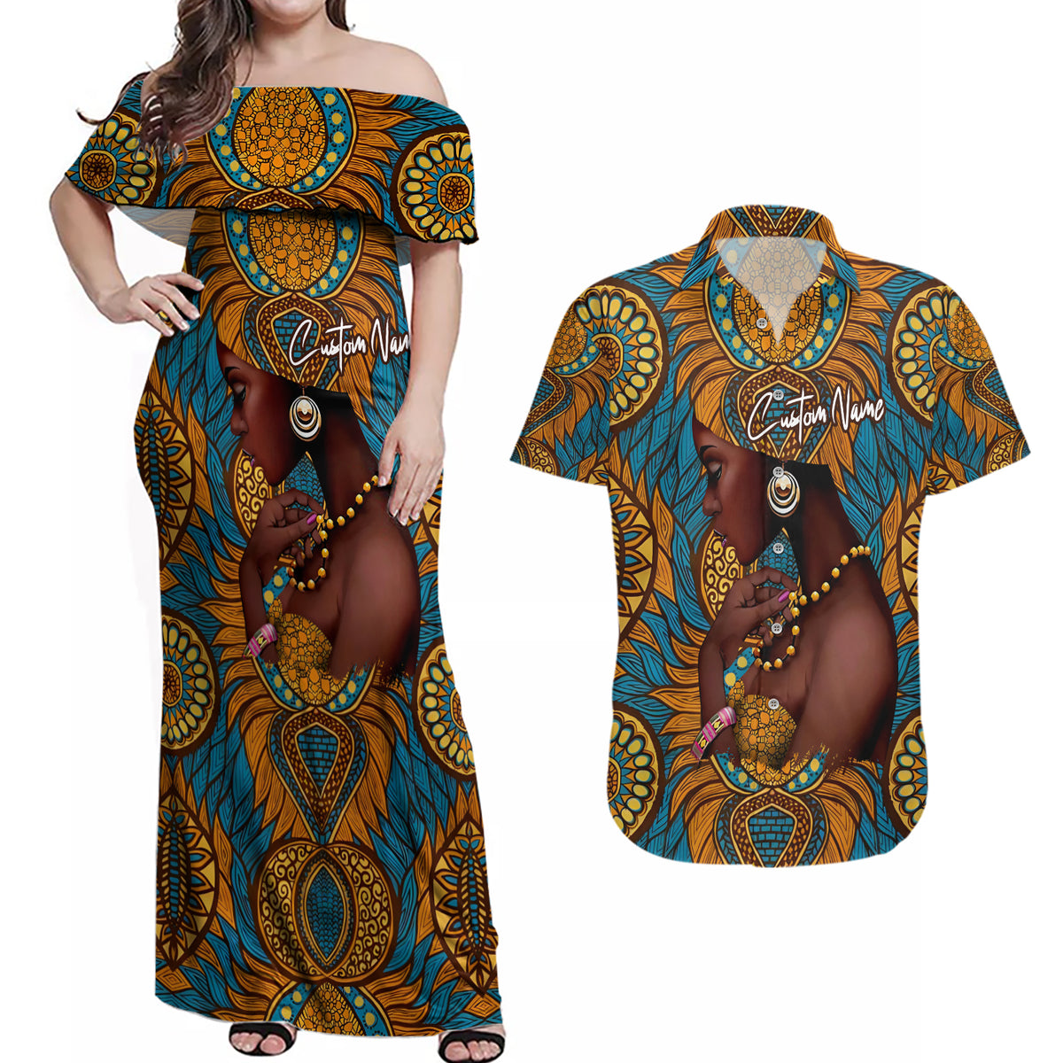 Personalized Black Girl Flora Couples Matching Off Shoulder Maxi Dress and Hawaiian Shirt African Women - Wonder Print Shop