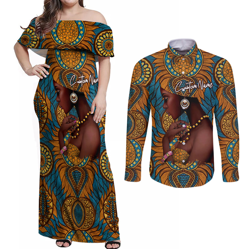 Personalized Black Girl Flora Couples Matching Off Shoulder Maxi Dress and Long Sleeve Button Shirt African Women - Wonder Print Shop