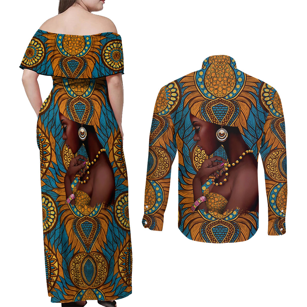 Personalized Black Girl Flora Couples Matching Off Shoulder Maxi Dress and Long Sleeve Button Shirt African Women - Wonder Print Shop