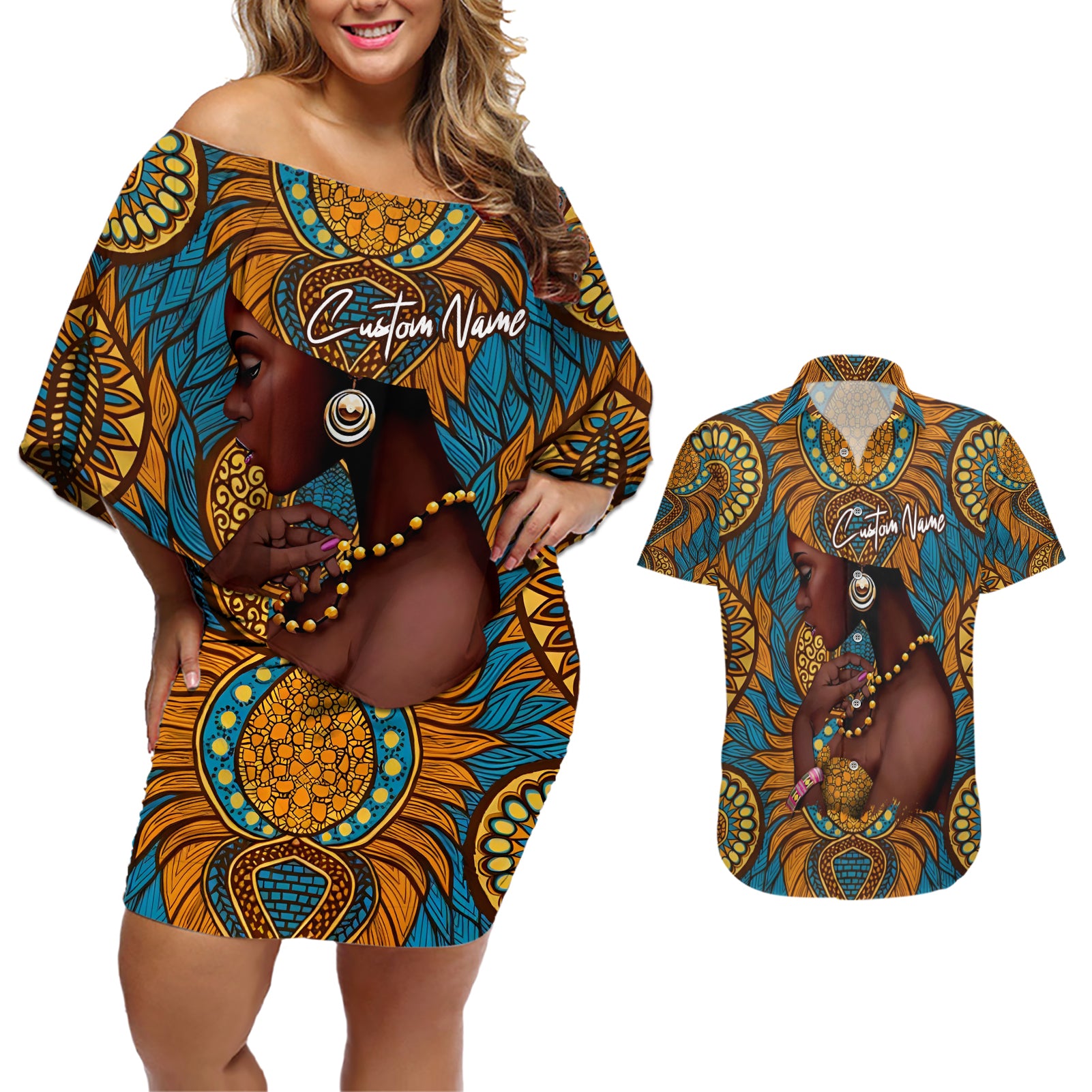 Personalized Black Girl Flora Couples Matching Off Shoulder Short Dress and Hawaiian Shirt African Women - Wonder Print Shop