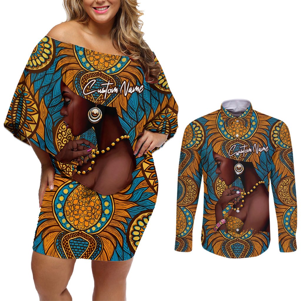 Personalized Black Girl Flora Couples Matching Off Shoulder Short Dress and Long Sleeve Button Shirt African Women - Wonder Print Shop