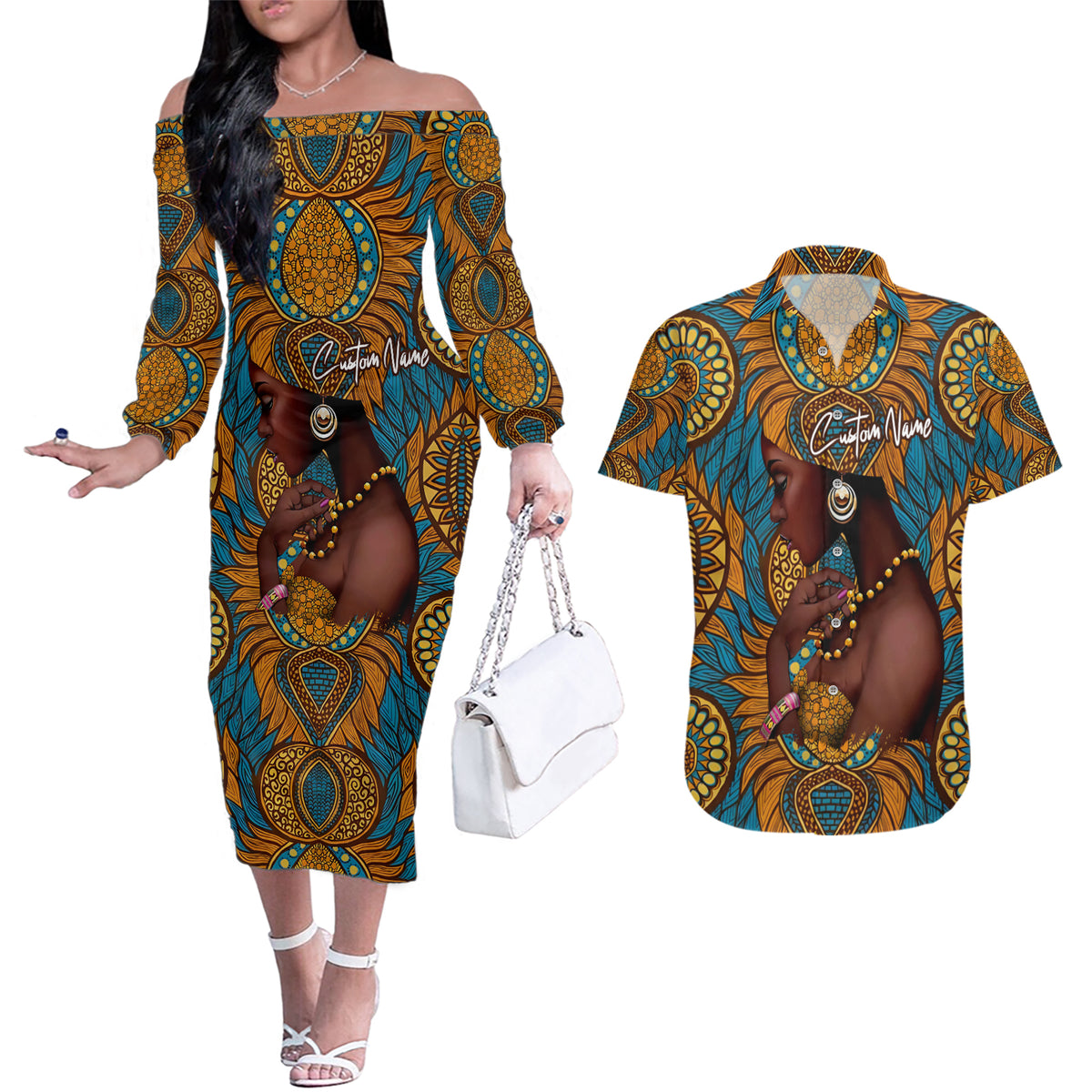 Personalized Black Girl Flora Couples Matching Off The Shoulder Long Sleeve Dress and Hawaiian Shirt African Women - Wonder Print Shop