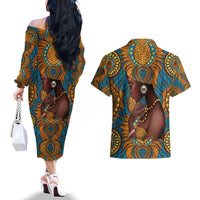 Personalized Black Girl Flora Couples Matching Off The Shoulder Long Sleeve Dress and Hawaiian Shirt African Women - Wonder Print Shop