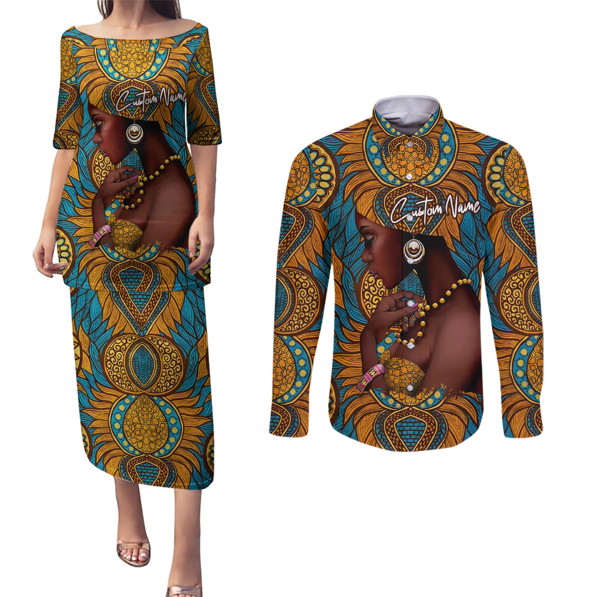 Personalized Black Girl Flora Couples Matching Puletasi and Long Sleeve Button Shirt African Women - Wonder Print Shop