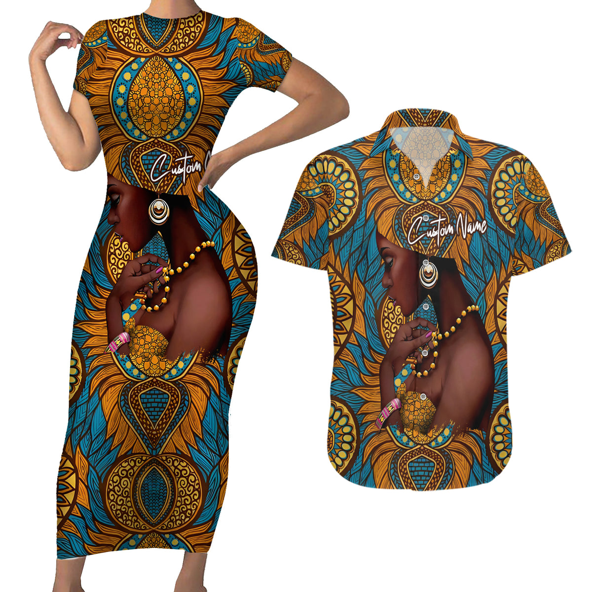 Personalized Black Girl Flora Couples Matching Short Sleeve Bodycon Dress and Hawaiian Shirt African Women - Wonder Print Shop