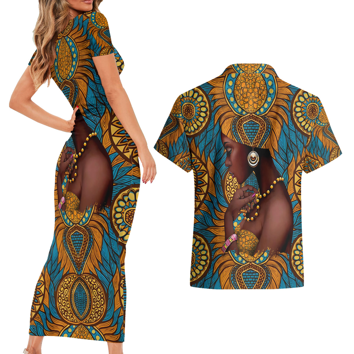Personalized Black Girl Flora Couples Matching Short Sleeve Bodycon Dress and Hawaiian Shirt African Women - Wonder Print Shop