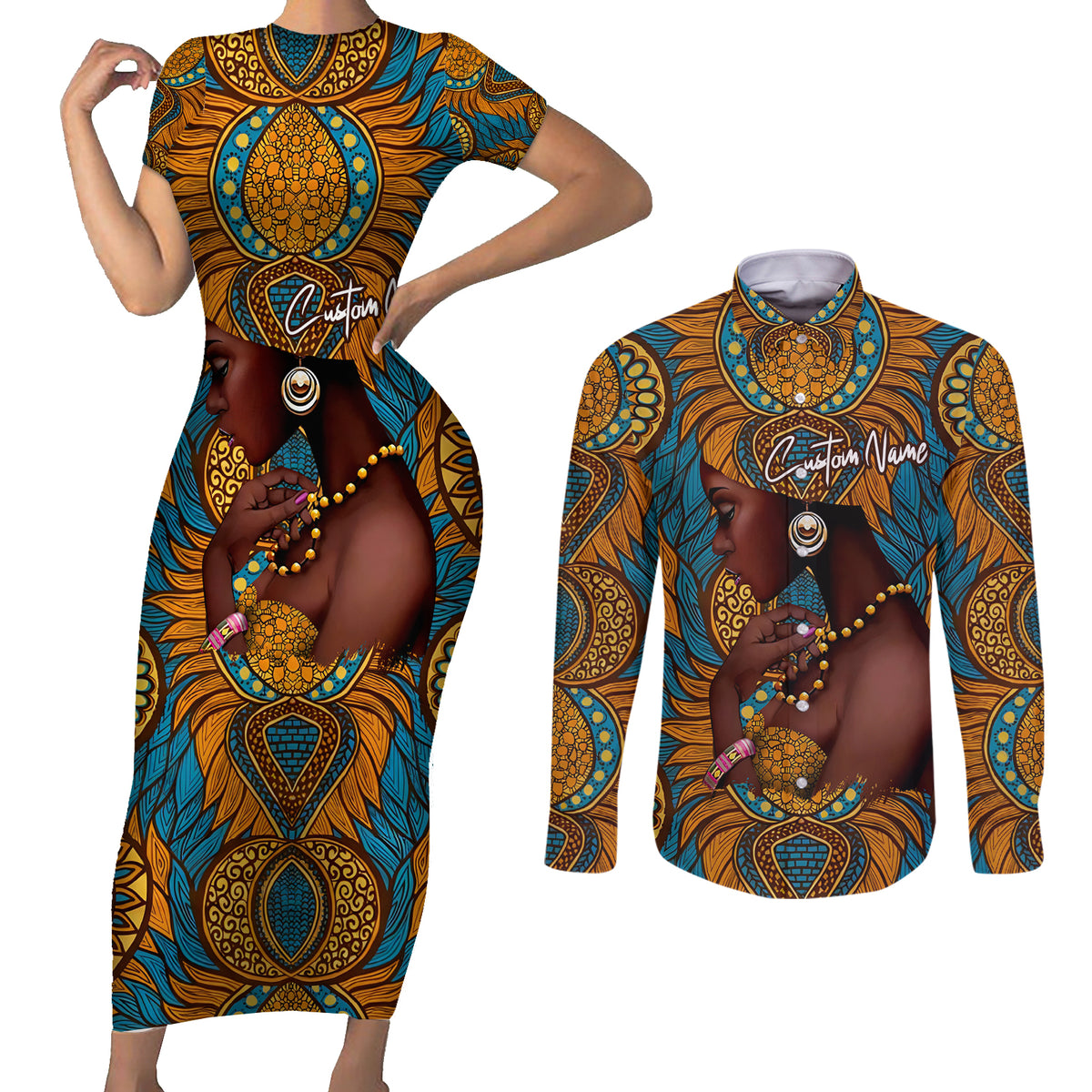 Personalized Black Girl Flora Couples Matching Short Sleeve Bodycon Dress and Long Sleeve Button Shirt African Women - Wonder Print Shop
