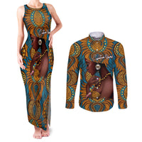 Personalized Black Girl Flora Couples Matching Tank Maxi Dress and Long Sleeve Button Shirt African Women - Wonder Print Shop