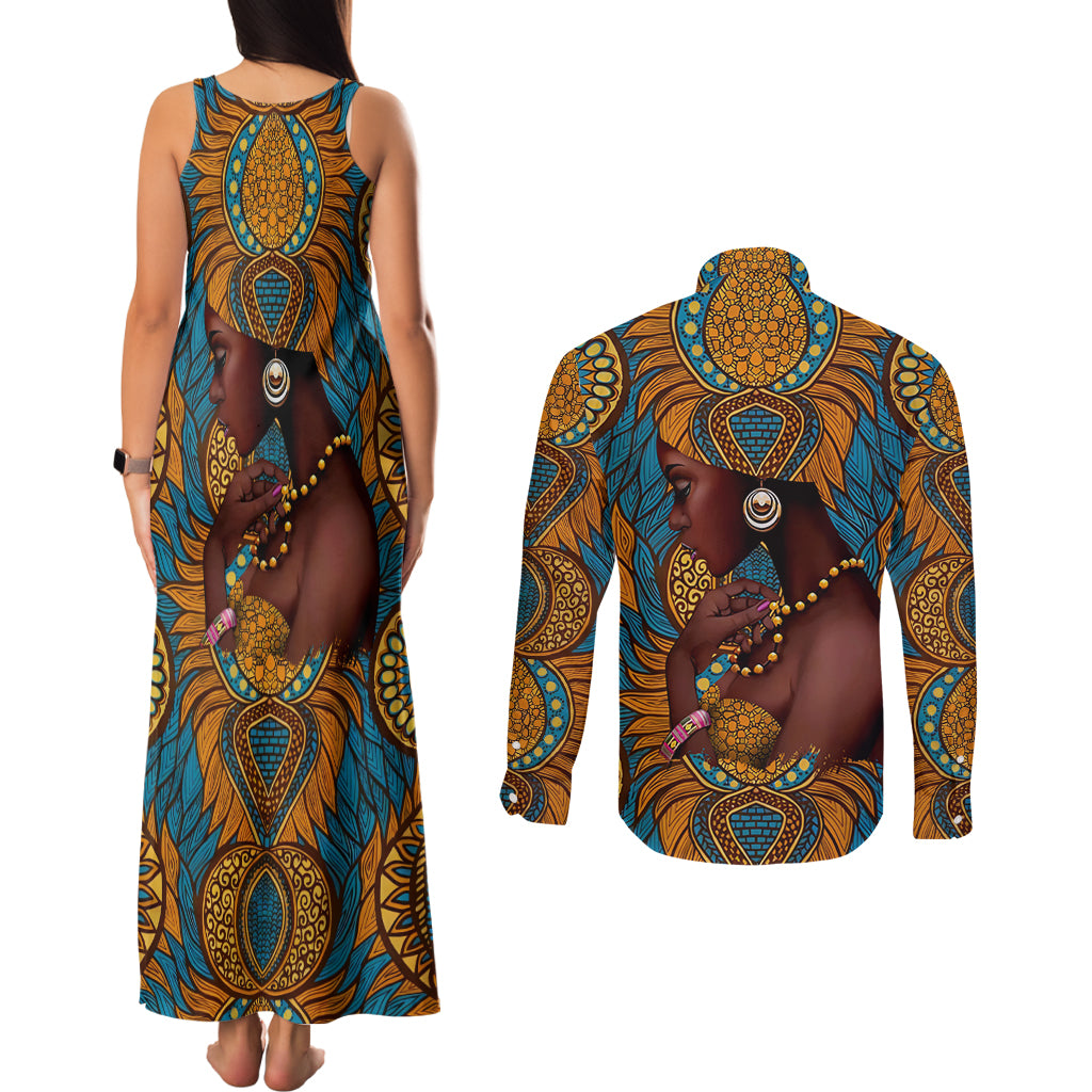 Personalized Black Girl Flora Couples Matching Tank Maxi Dress and Long Sleeve Button Shirt African Women - Wonder Print Shop