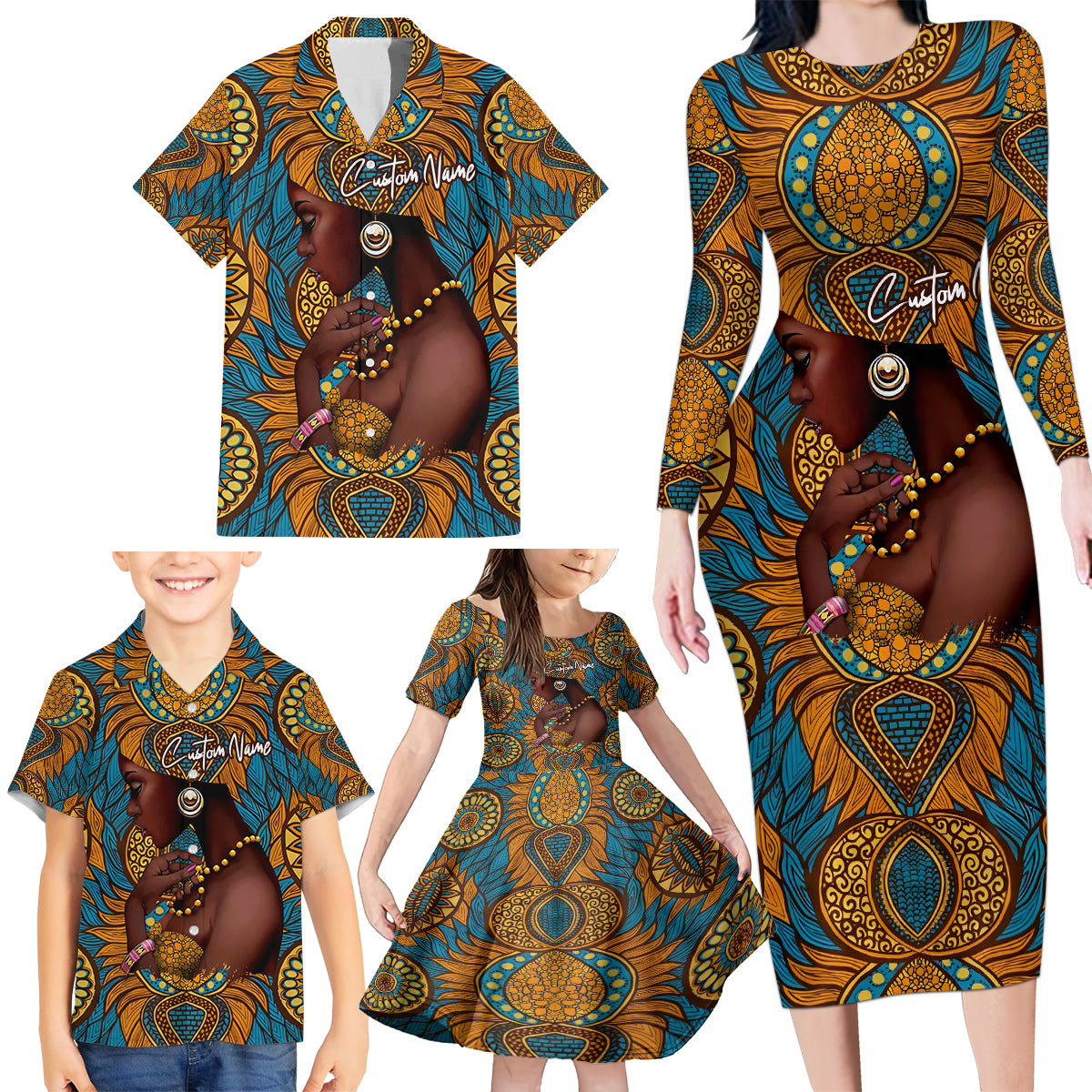 Personalized Black Girl Flora Family Matching Long Sleeve Bodycon Dress and Hawaiian Shirt African Women - Wonder Print Shop