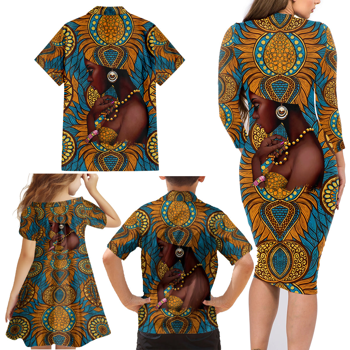 Personalized Black Girl Flora Family Matching Long Sleeve Bodycon Dress and Hawaiian Shirt African Women - Wonder Print Shop