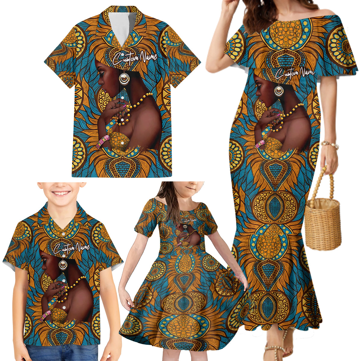 Personalized Black Girl Flora Family Matching Mermaid Dress and Hawaiian Shirt African Women - Wonder Print Shop