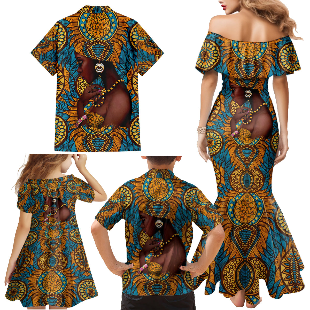 Personalized Black Girl Flora Family Matching Mermaid Dress and Hawaiian Shirt African Women - Wonder Print Shop