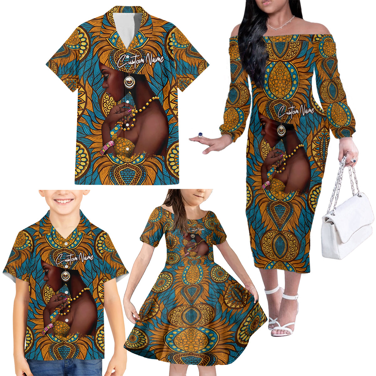 Personalized Black Girl Flora Family Matching Off Shoulder Long Sleeve Dress and Hawaiian Shirt African Women - Wonder Print Shop