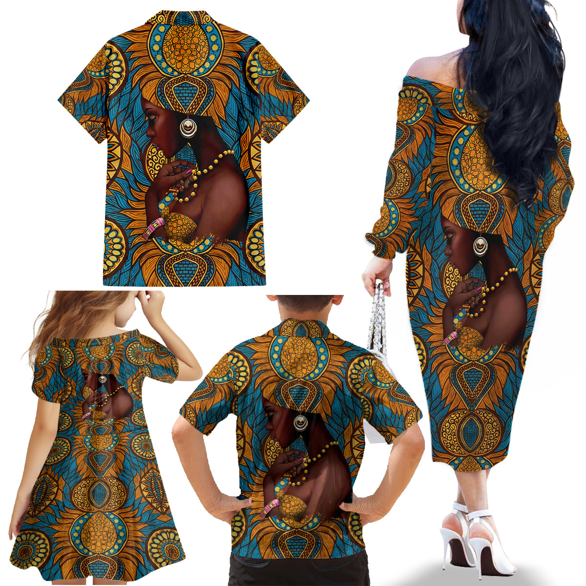 Personalized Black Girl Flora Family Matching Off Shoulder Long Sleeve Dress and Hawaiian Shirt African Women - Wonder Print Shop