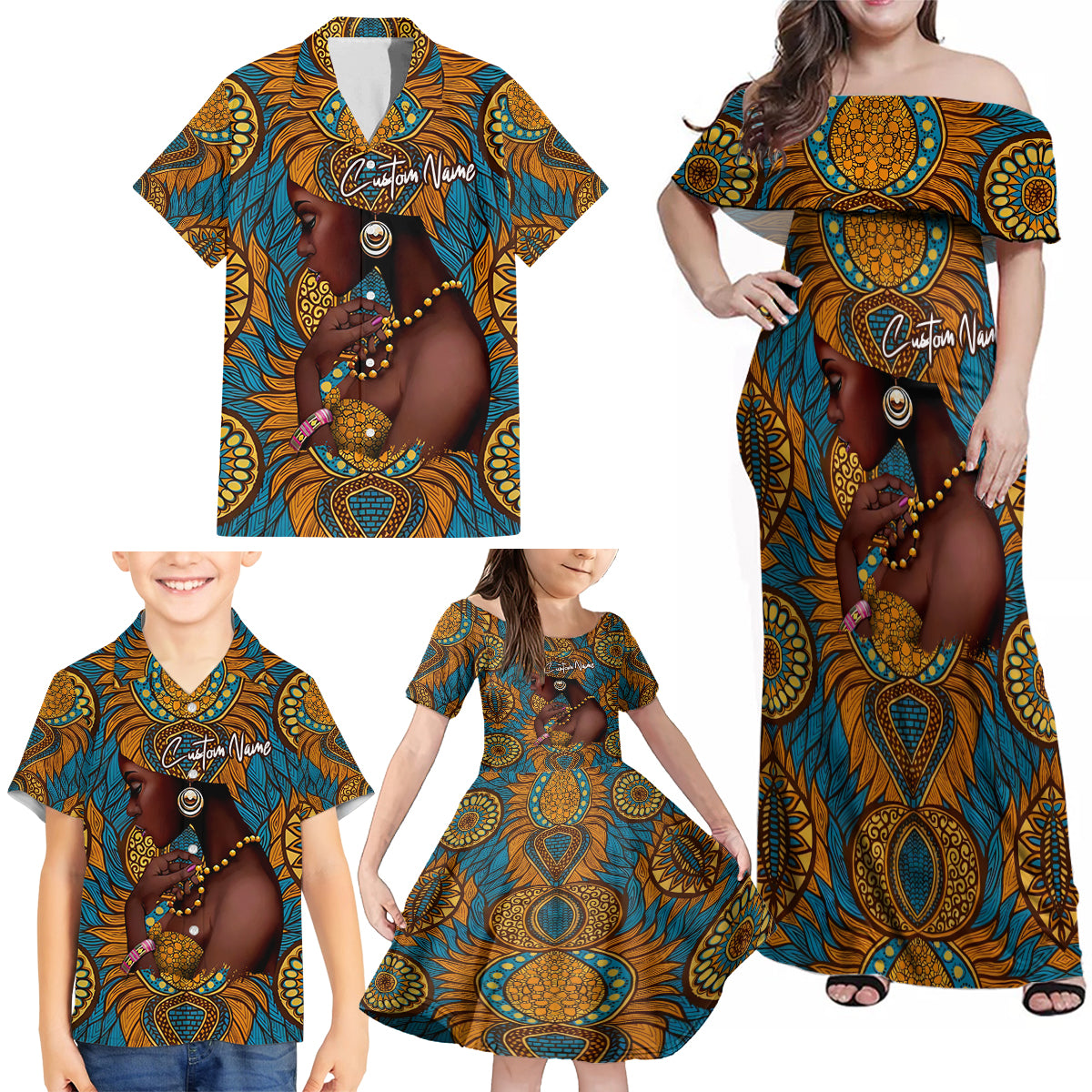 Personalized Black Girl Flora Family Matching Off Shoulder Maxi Dress and Hawaiian Shirt African Women - Wonder Print Shop