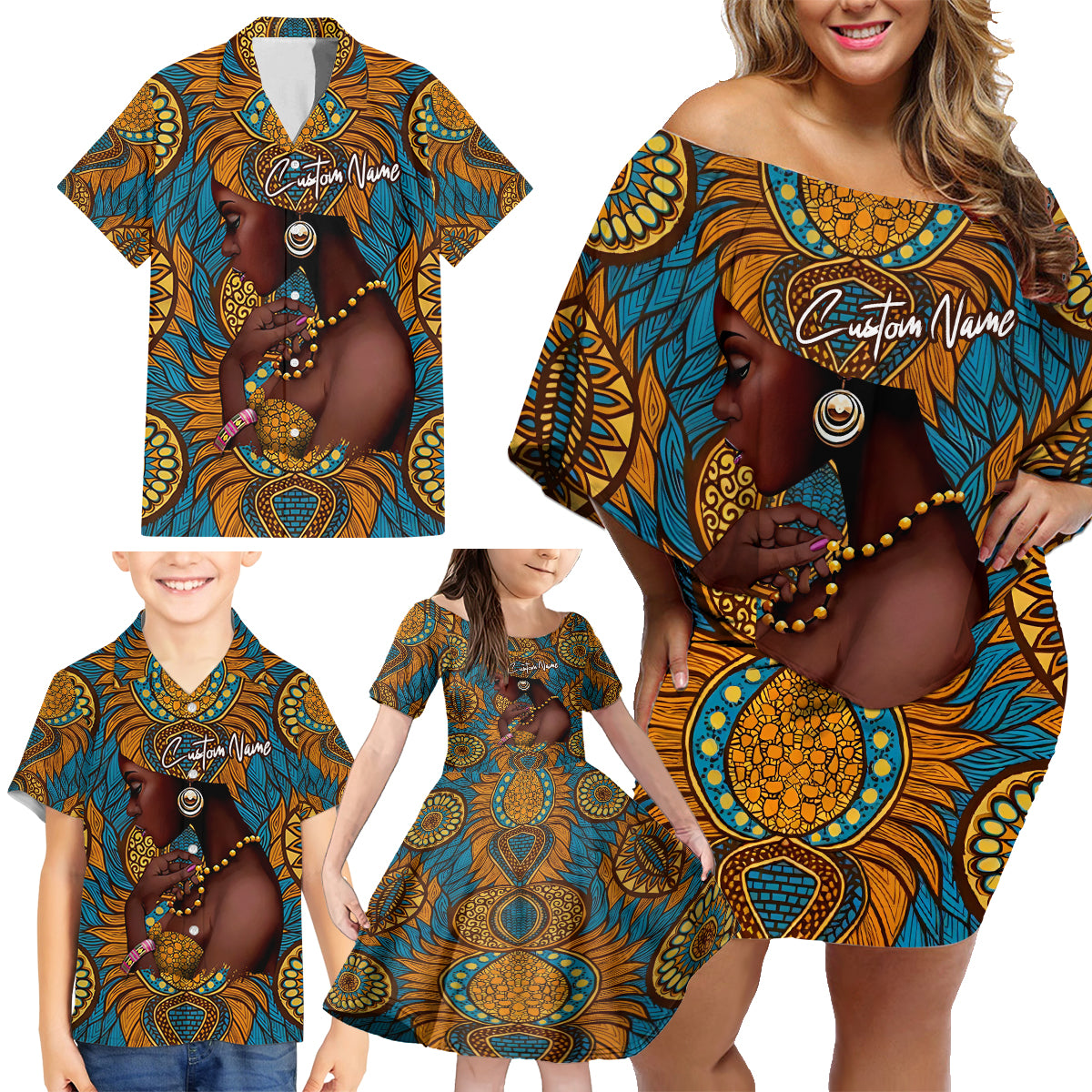 Personalized Black Girl Flora Family Matching Off Shoulder Short Dress and Hawaiian Shirt African Women - Wonder Print Shop
