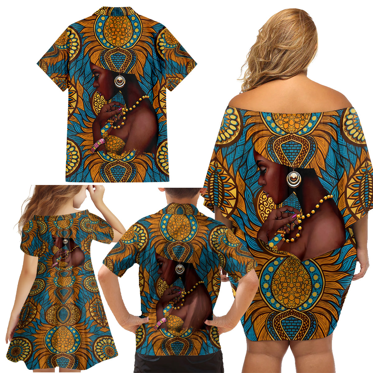 Personalized Black Girl Flora Family Matching Off Shoulder Short Dress and Hawaiian Shirt African Women - Wonder Print Shop