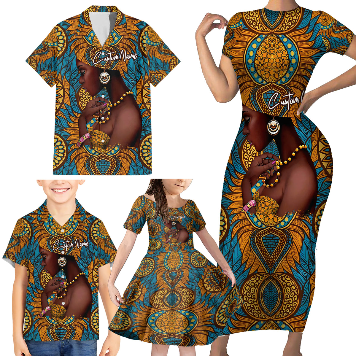 Personalized Black Girl Flora Family Matching Short Sleeve Bodycon Dress and Hawaiian Shirt African Women - Wonder Print Shop