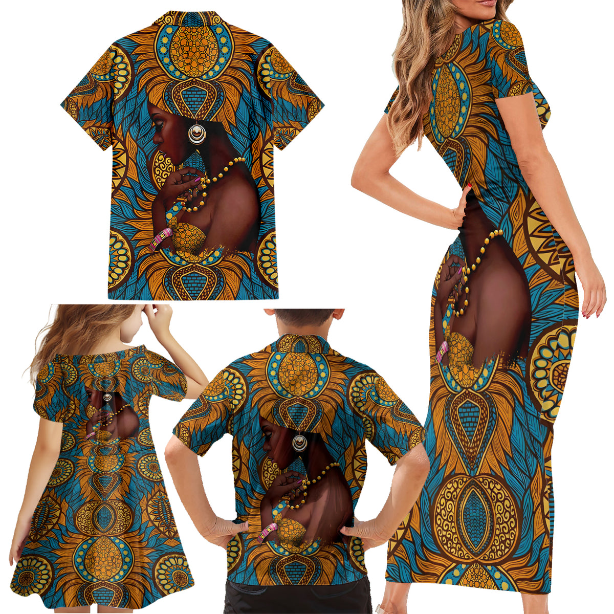 Personalized Black Girl Flora Family Matching Short Sleeve Bodycon Dress and Hawaiian Shirt African Women - Wonder Print Shop