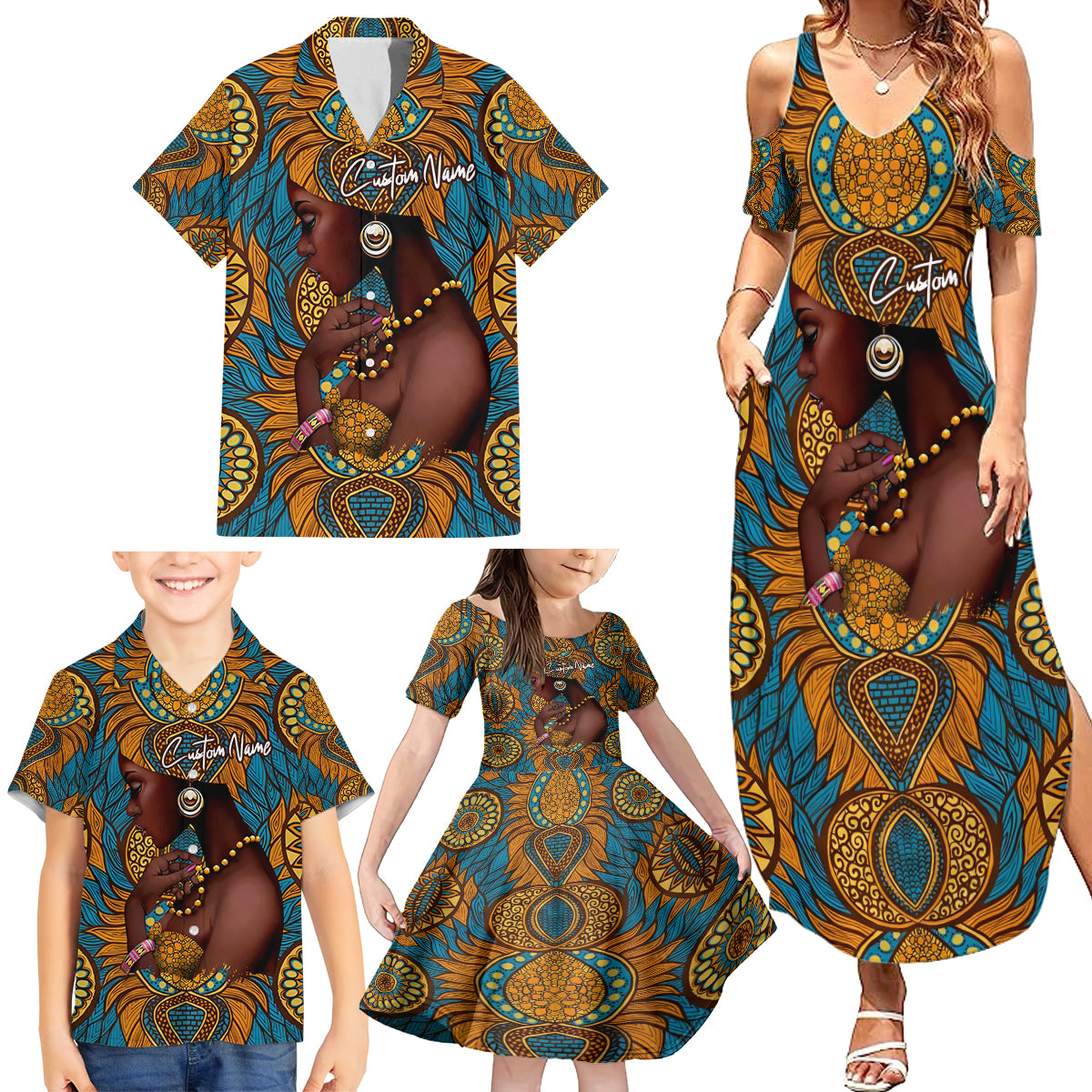 Personalized Black Girl Flora Family Matching Summer Maxi Dress and Hawaiian Shirt African Women - Wonder Print Shop