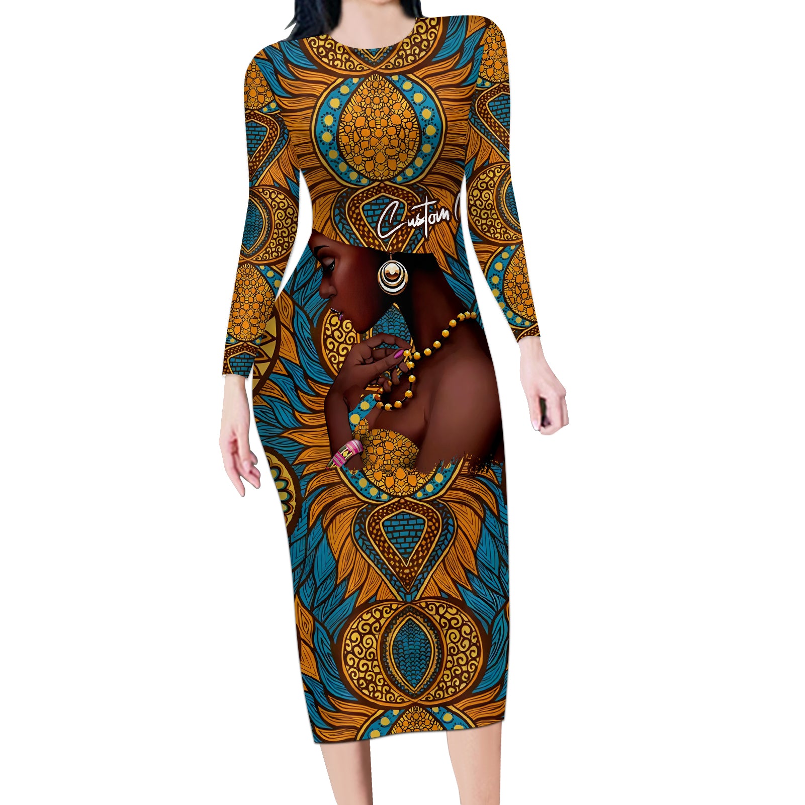 Personalized Black Girl Flora Long Sleeve Bodycon Dress African Women - Wonder Print Shop