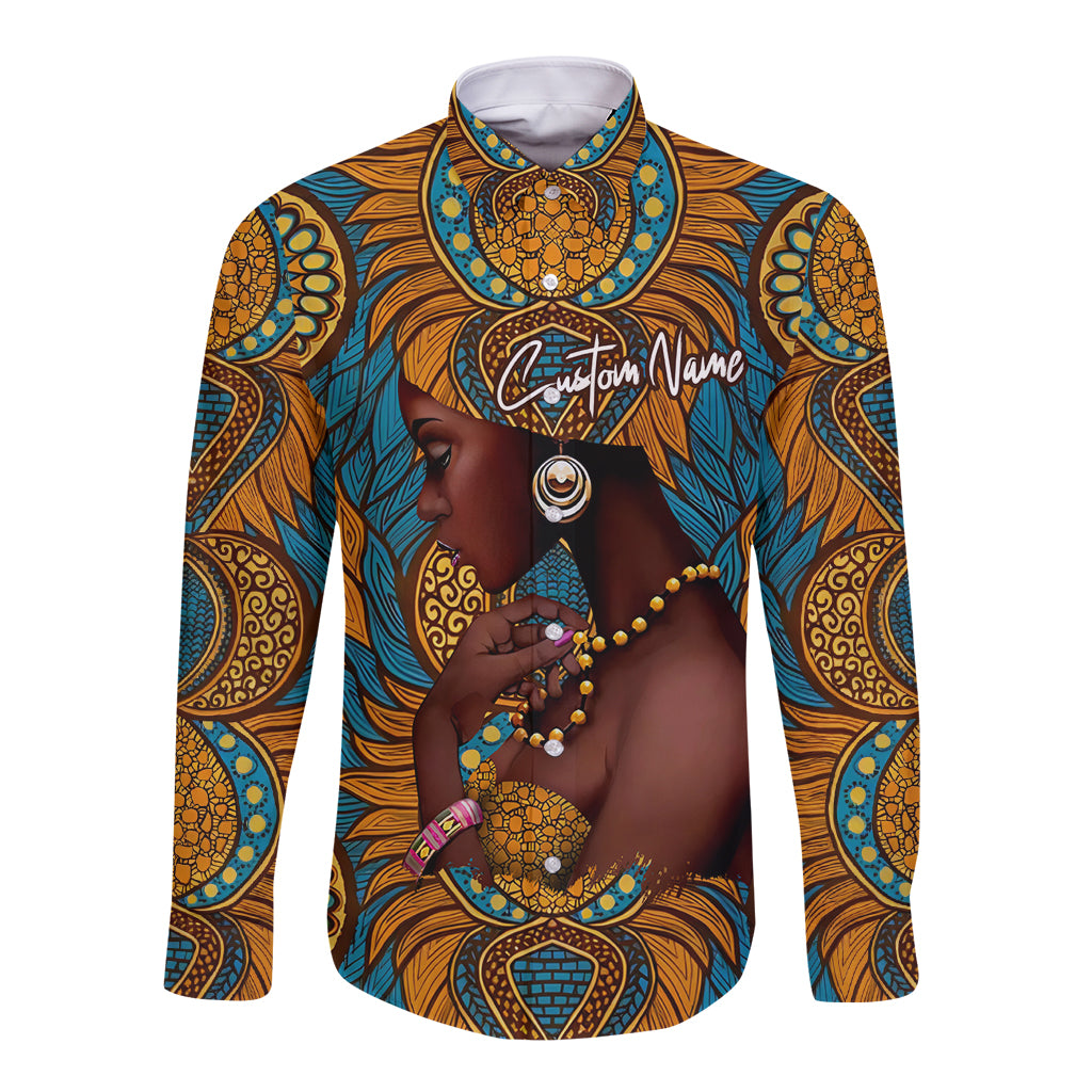 Personalized Black Girl Flora Long Sleeve Button Shirt African Women - Wonder Print Shop