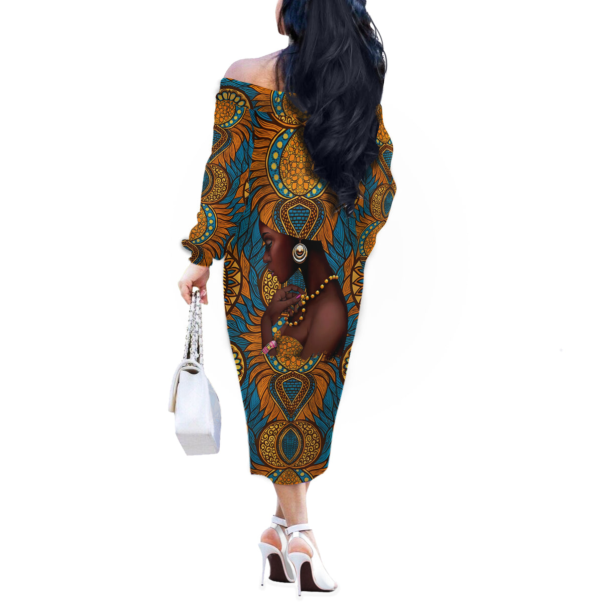 Personalized Black Girl Flora Off The Shoulder Long Sleeve Dress African Women - Wonder Print Shop