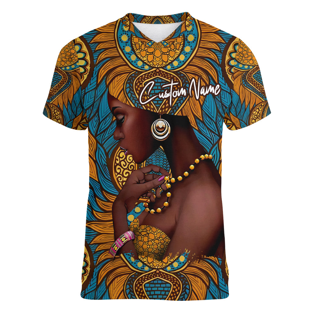 Personalized Black Girl Flora Women V Neck T Shirt African Women - Wonder Print Shop