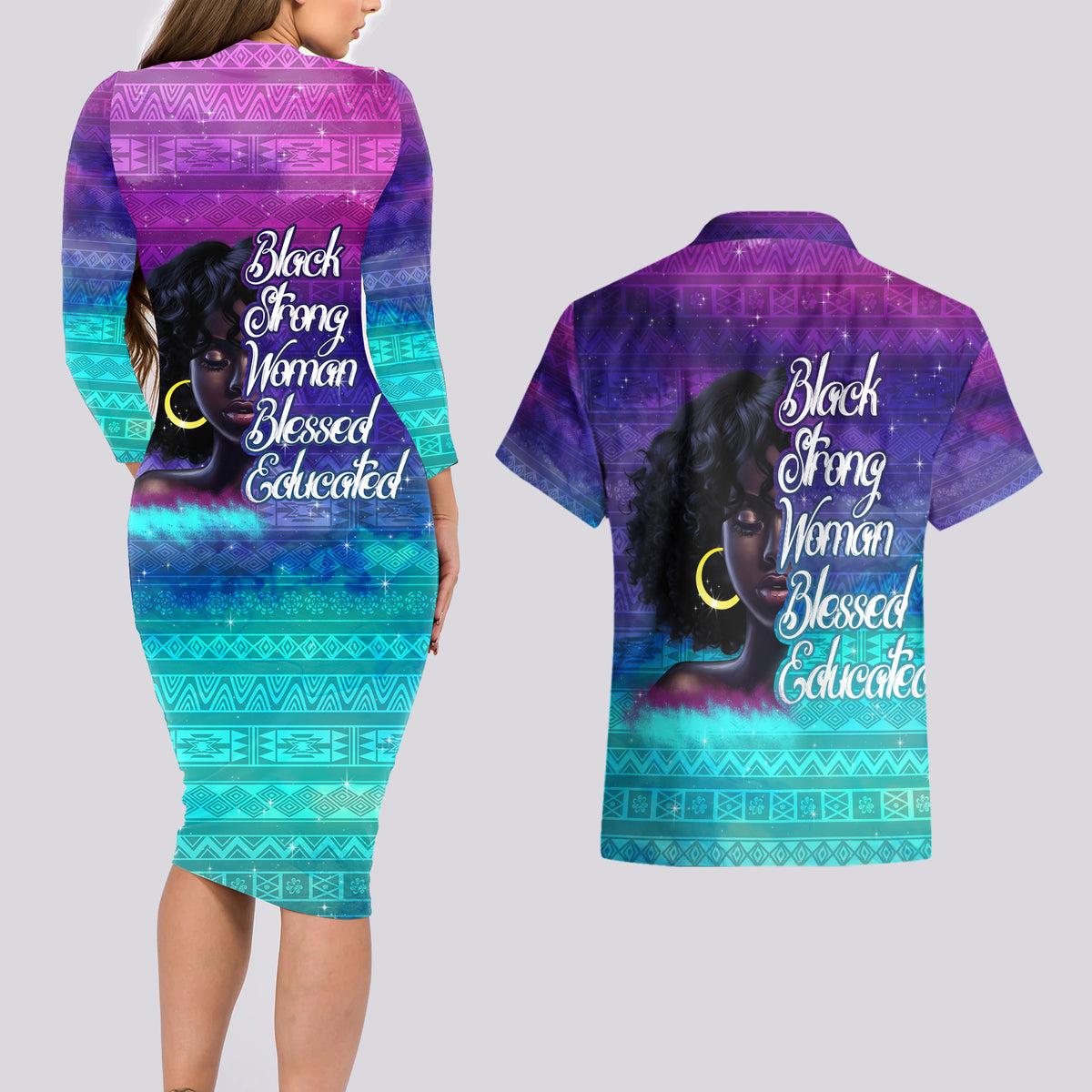 Black Strong Women Blessed Educated Couples Matching Long Sleeve Bodycon Dress and Hawaiian Shirt African Girl - Wonder Print Shop