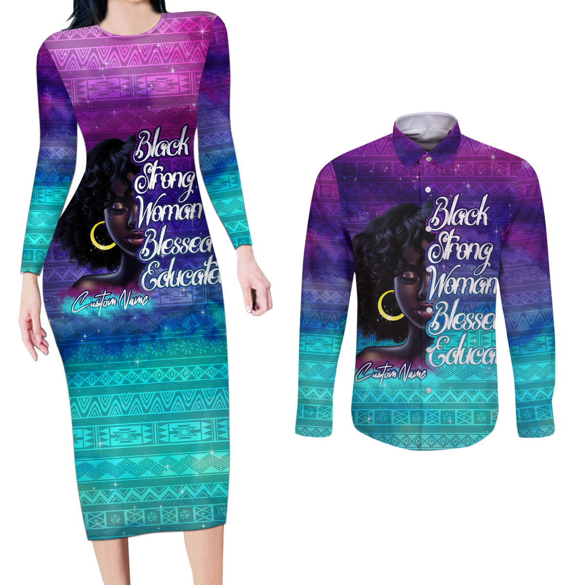 Black Strong Women Blessed Educated Couples Matching Long Sleeve Bodycon Dress and Long Sleeve Button Shirt African Girl - Wonder Print Shop