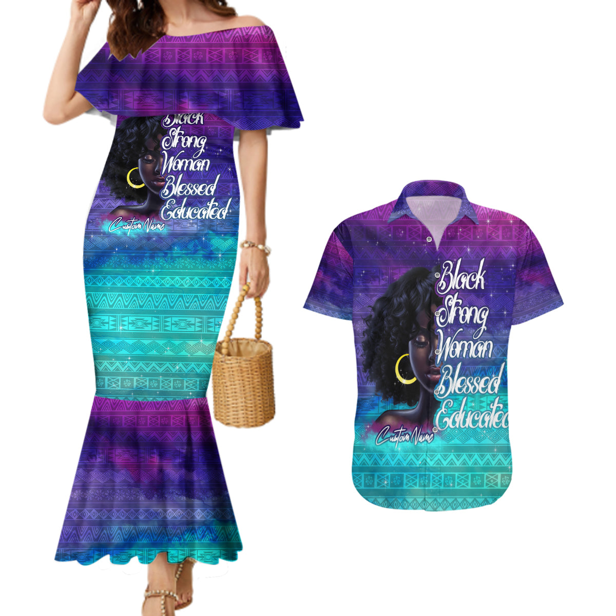 Black Strong Women Blessed Educated Couples Matching Mermaid Dress and Hawaiian Shirt African Girl - Wonder Print Shop