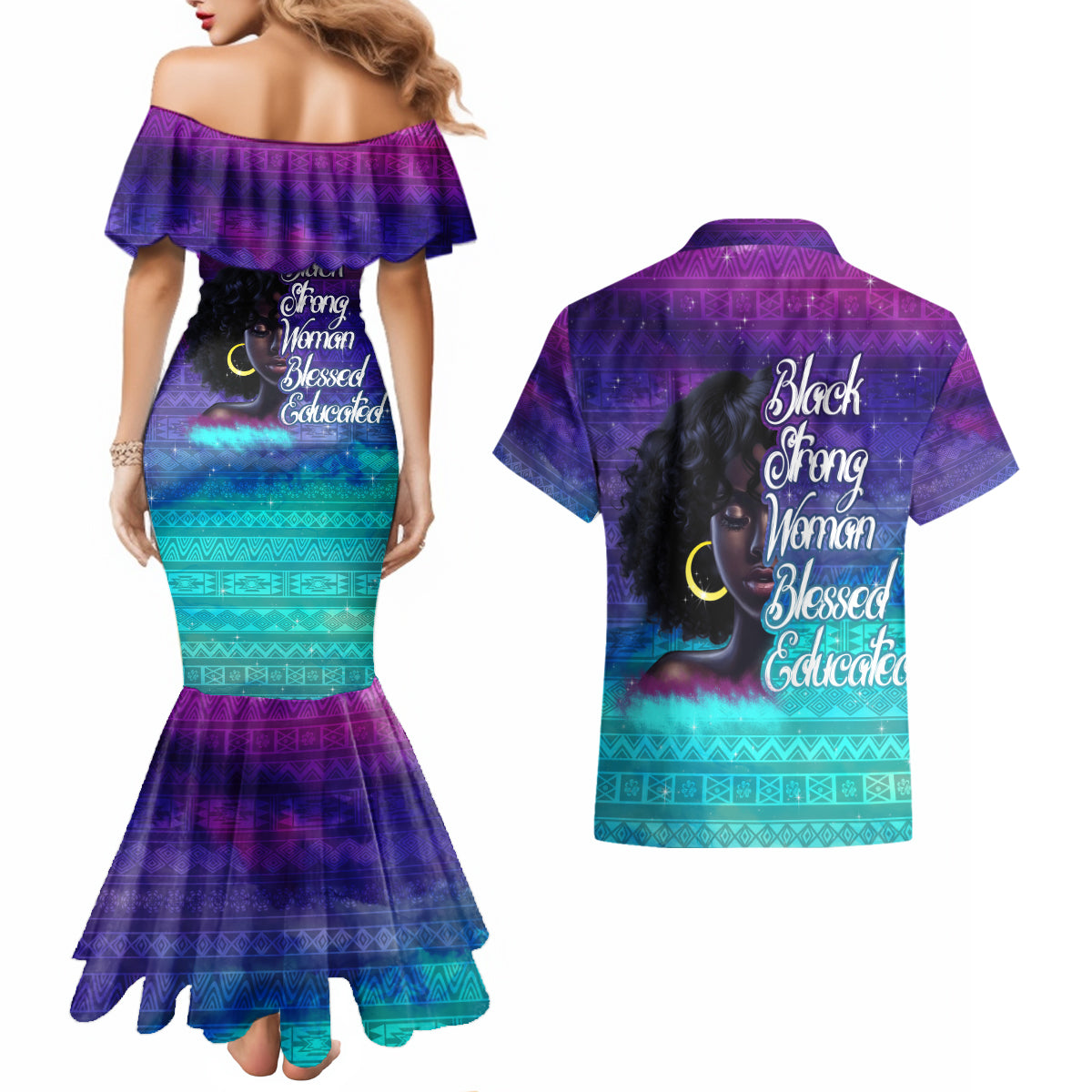 Black Strong Women Blessed Educated Couples Matching Mermaid Dress and Hawaiian Shirt African Girl - Wonder Print Shop