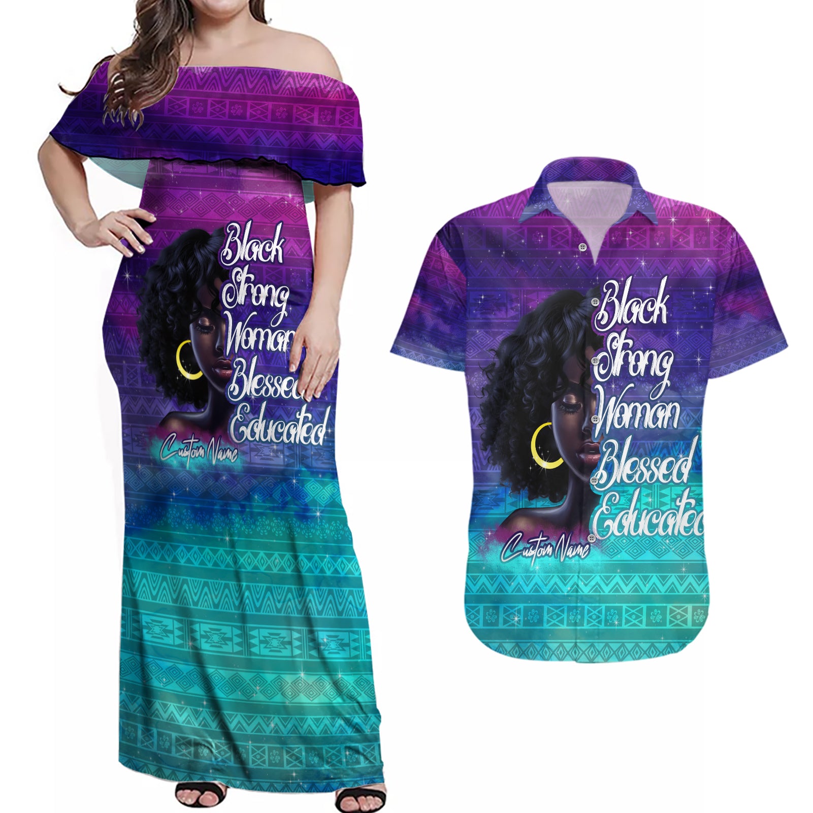 Black Strong Women Blessed Educated Couples Matching Off Shoulder Maxi Dress and Hawaiian Shirt African Girl - Wonder Print Shop