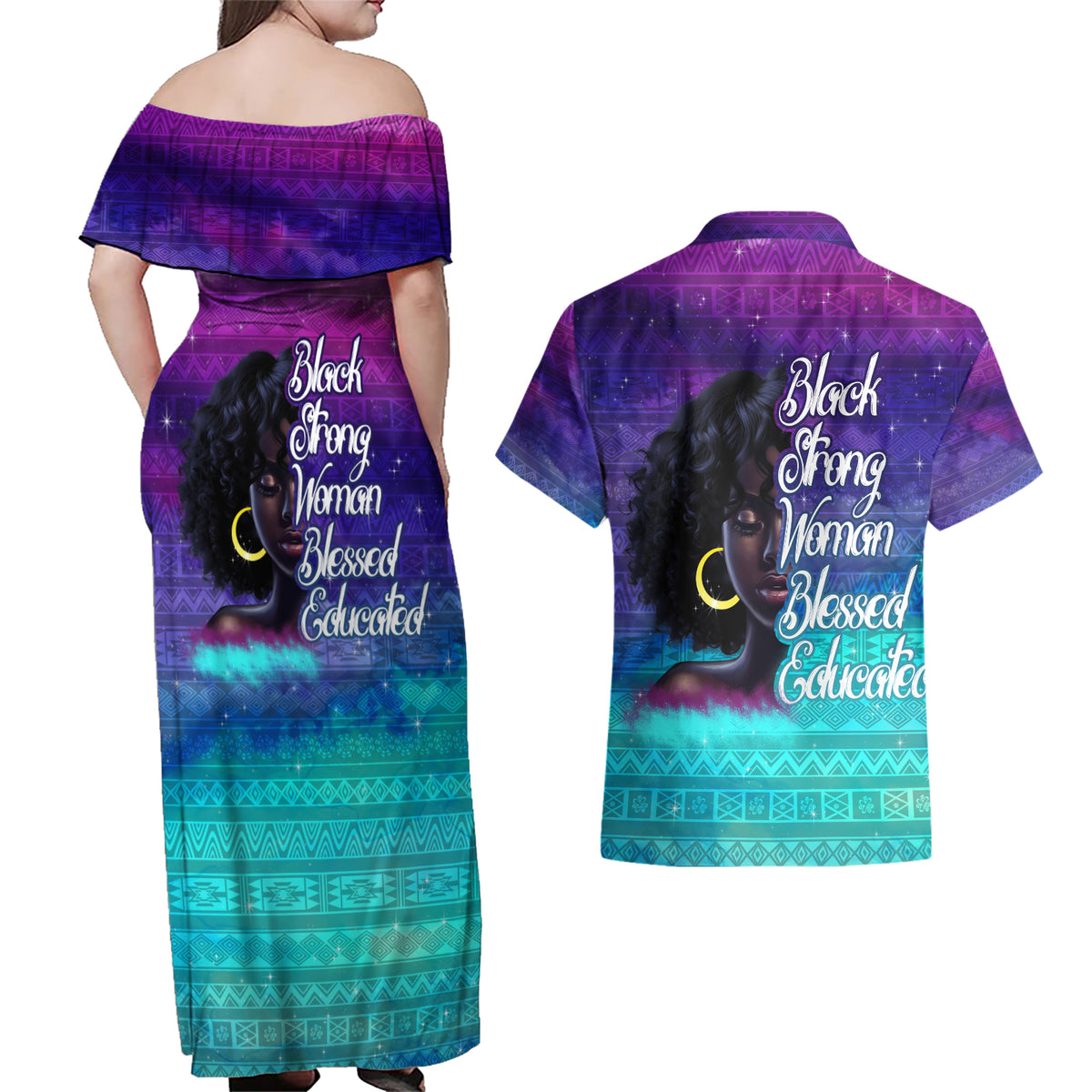 Black Strong Women Blessed Educated Couples Matching Off Shoulder Maxi Dress and Hawaiian Shirt African Girl - Wonder Print Shop