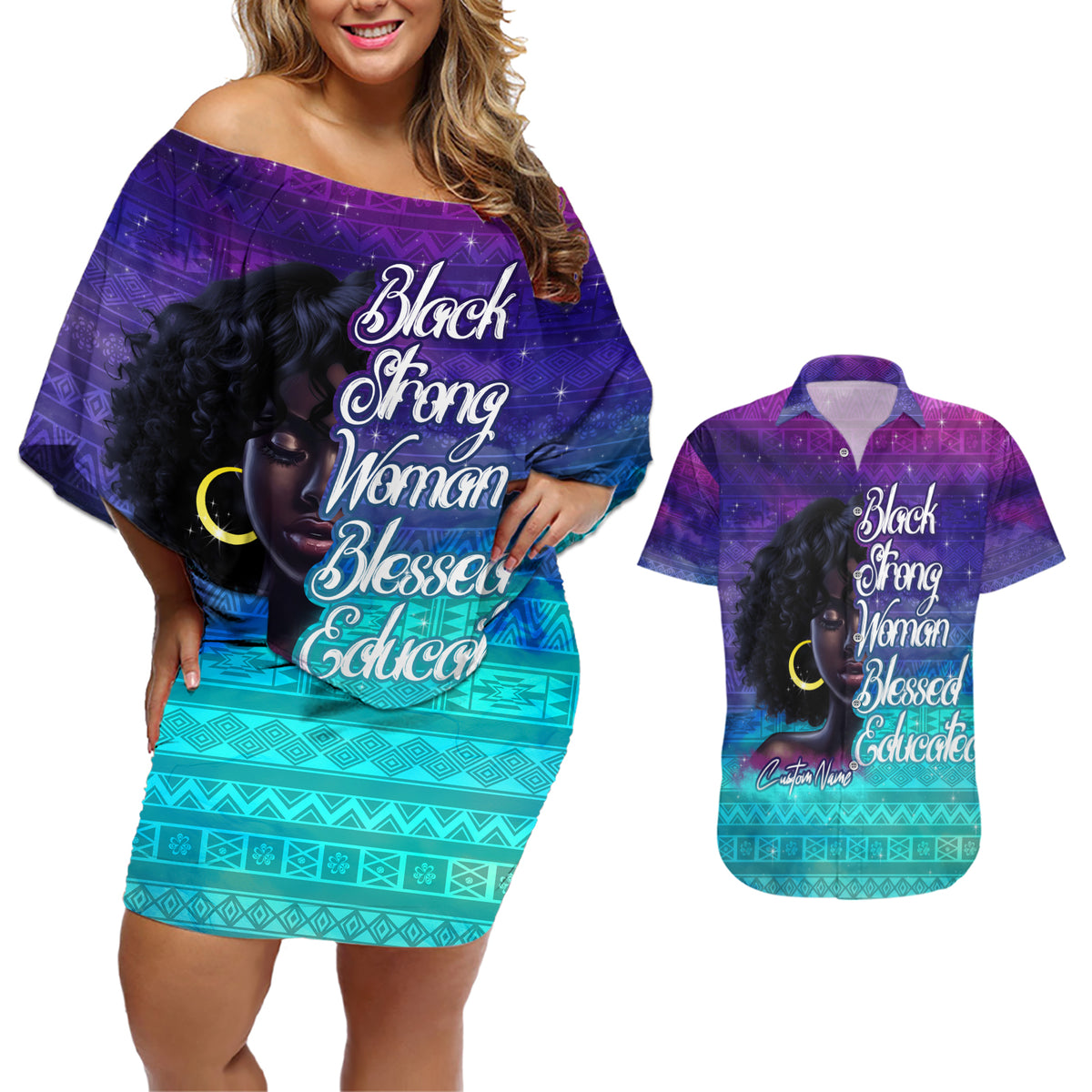 Black Strong Women Blessed Educated Couples Matching Off Shoulder Short Dress and Hawaiian Shirt African Girl - Wonder Print Shop