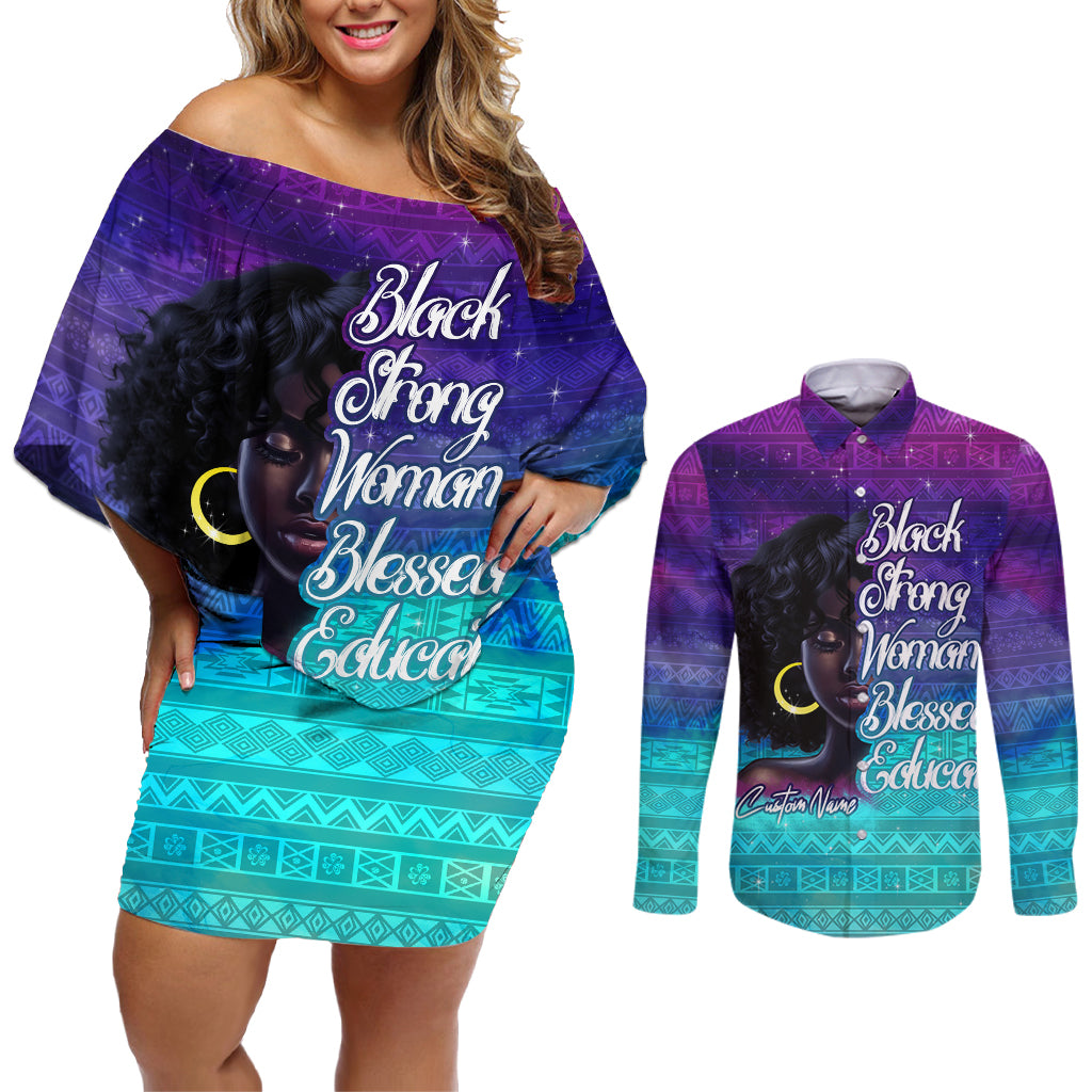 Black Strong Women Blessed Educated Couples Matching Off Shoulder Short Dress and Long Sleeve Button Shirt African Girl - Wonder Print Shop