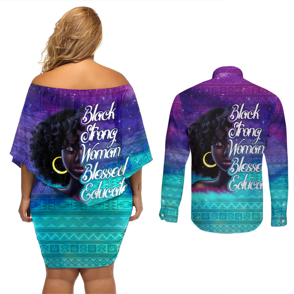 Black Strong Women Blessed Educated Couples Matching Off Shoulder Short Dress and Long Sleeve Button Shirt African Girl - Wonder Print Shop