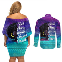 Black Strong Women Blessed Educated Couples Matching Off Shoulder Short Dress and Long Sleeve Button Shirt African Girl - Wonder Print Shop