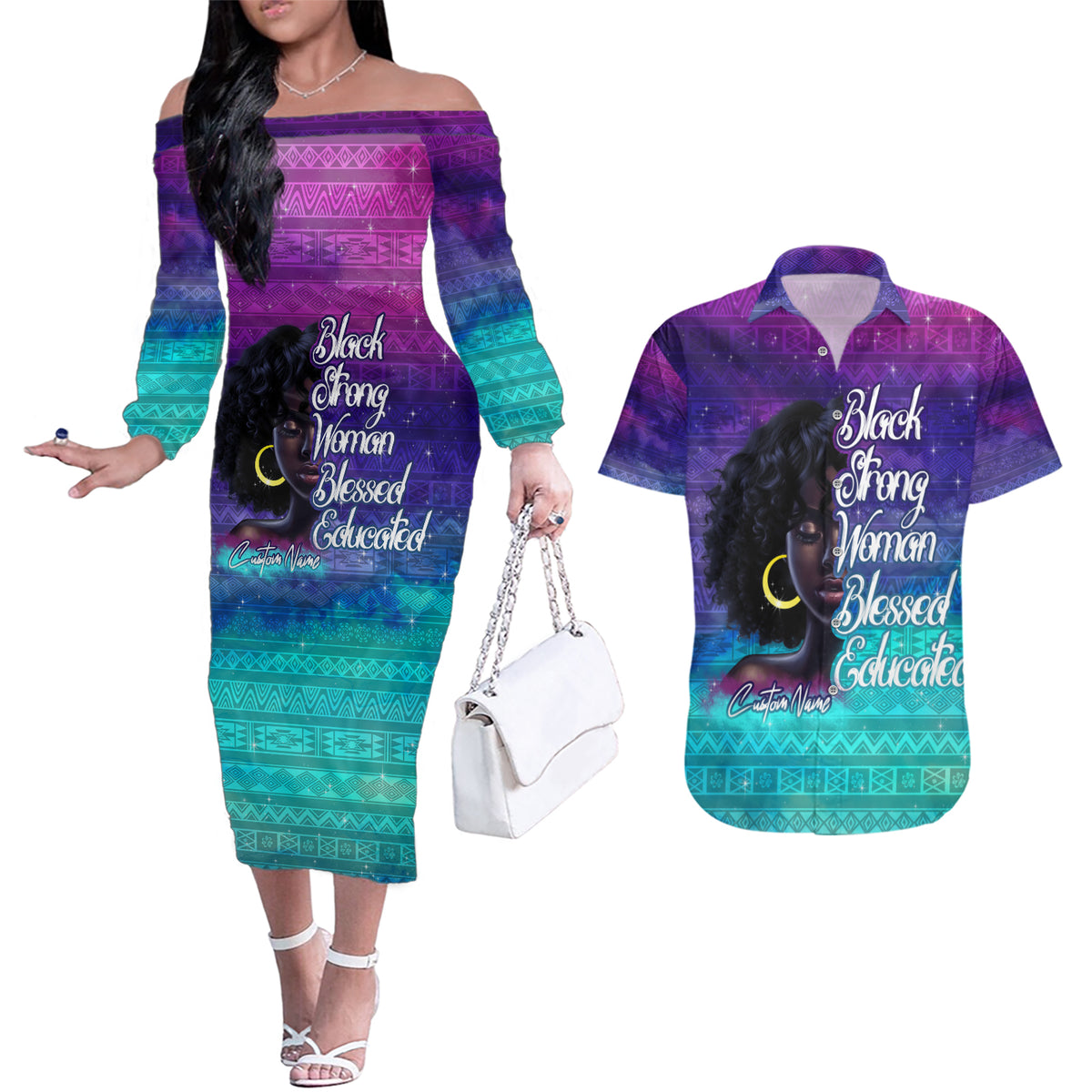 Black Strong Women Blessed Educated Couples Matching Off The Shoulder Long Sleeve Dress and Hawaiian Shirt African Girl - Wonder Print Shop