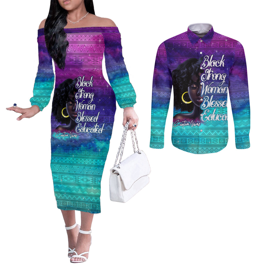 Black Strong Women Blessed Educated Couples Matching Off The Shoulder Long Sleeve Dress and Long Sleeve Button Shirt African Girl