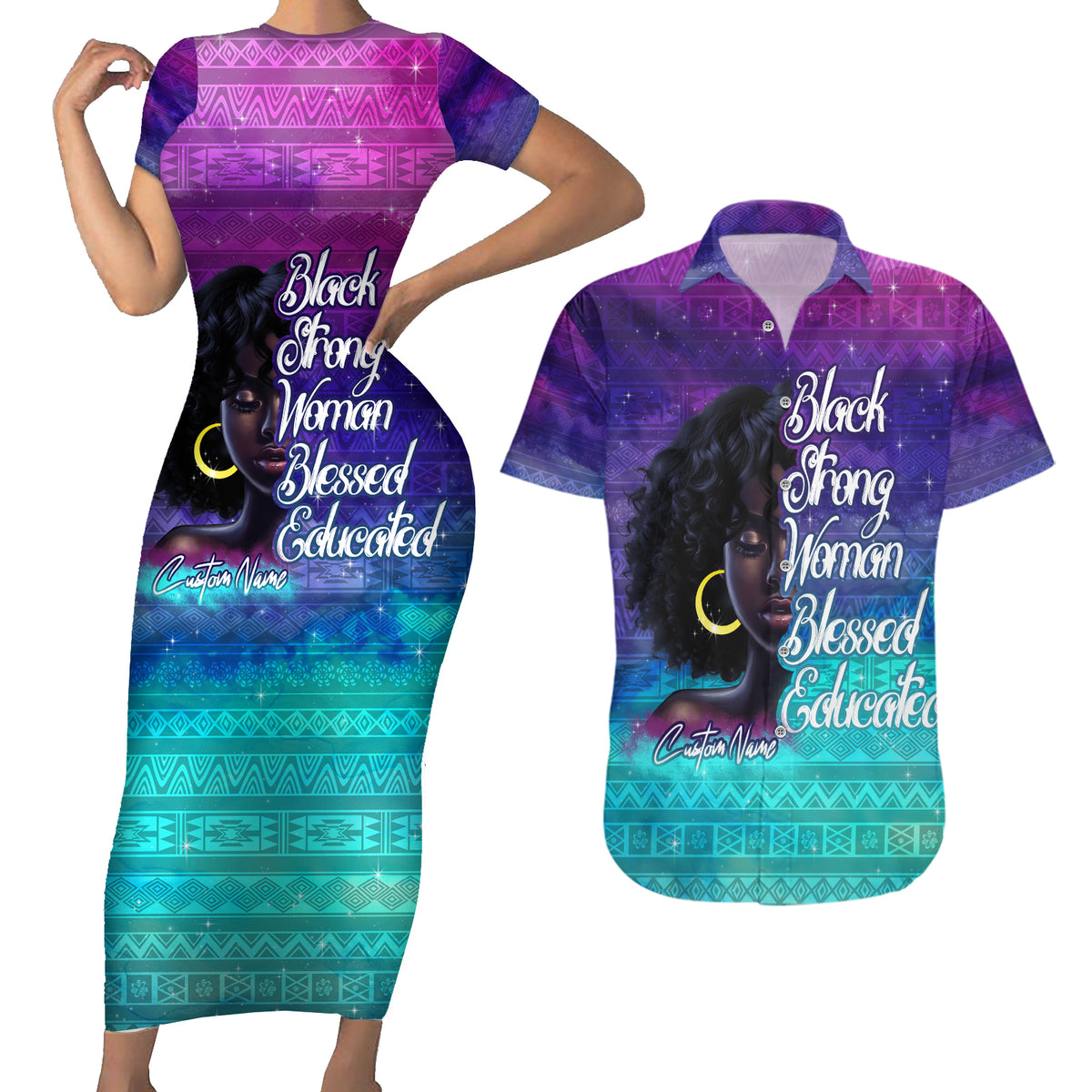 Black Strong Women Blessed Educated Couples Matching Short Sleeve Bodycon Dress and Hawaiian Shirt African Girl - Wonder Print Shop