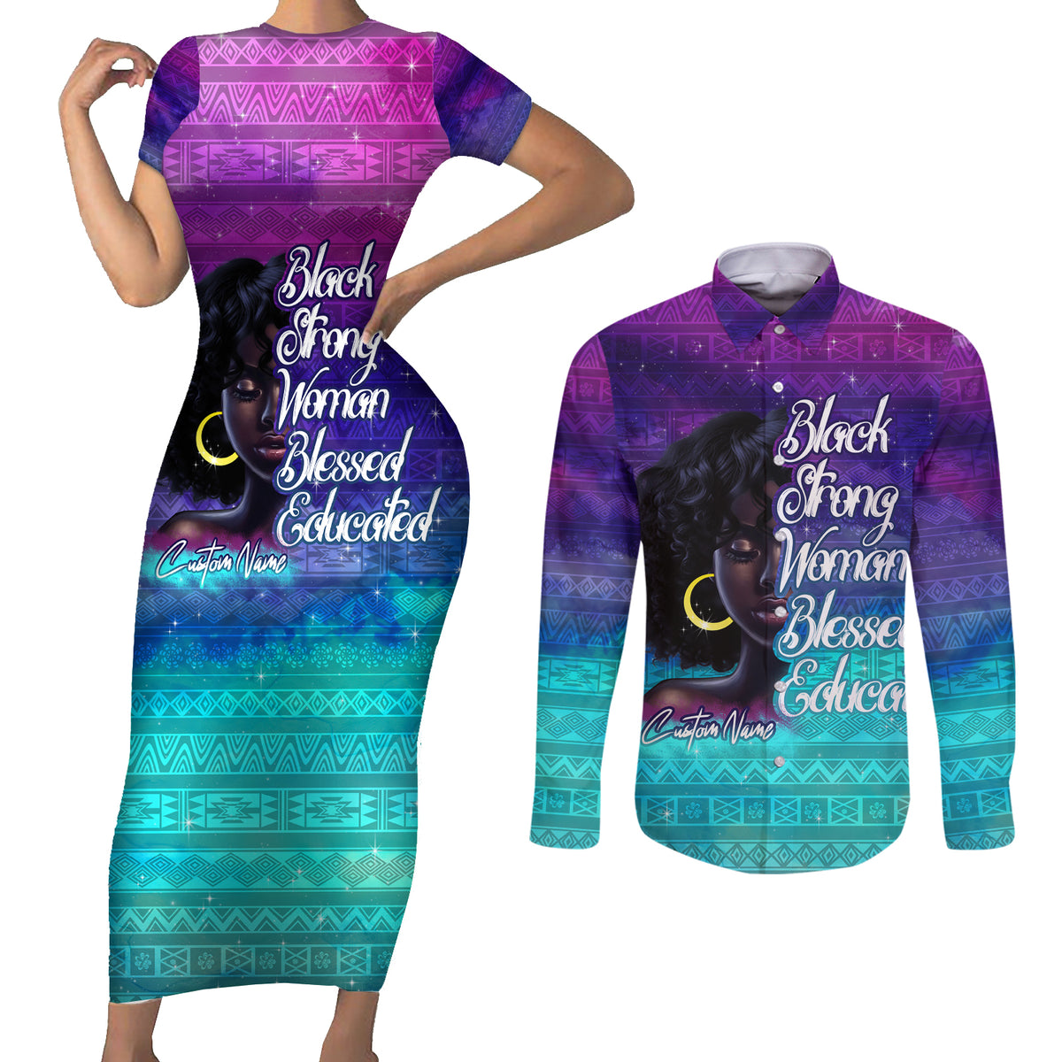Black Strong Women Blessed Educated Couples Matching Short Sleeve Bodycon Dress and Long Sleeve Button Shirt African Girl - Wonder Print Shop