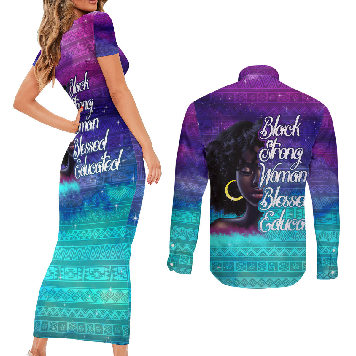 Black Strong Women Blessed Educated Couples Matching Short Sleeve Bodycon Dress and Long Sleeve Button Shirt African Girl - Wonder Print Shop